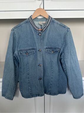 Light Blue Denim Bomber Jacket with Striped Rib Collar